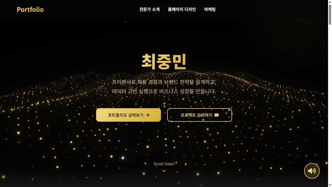 기존에 공개된 개인 포트폴리오 사이트의 첫 화면. 검은 배경에 금빛 입자 그래픽과 소개 문장, 두 개의 버튼이 배치되어 있습니다.